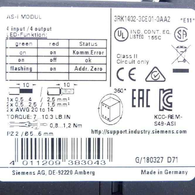 Siemens Siemens AS-Interfacemodul 3RK1402-3CE01-0AA2 interface module E-Stand 11 S7.0 Siemens AS-Interfacemodul 3RK1402-
