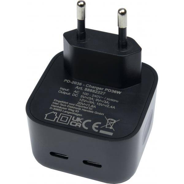 Inter-Tech PD-2036 - Netzteil - klein - 36 Watt - 3 A - PD - 2 Ausgabeanschlussstellen (24 pin USB-C)