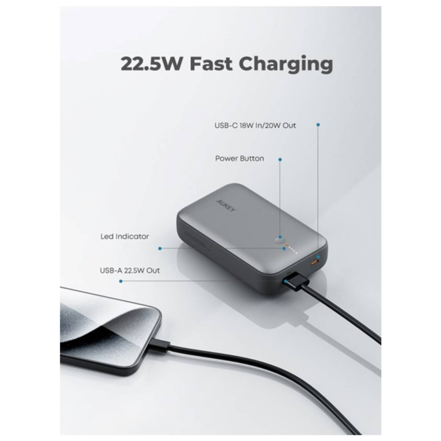 AUKEY PB-Y57 Spark Mini 20000 Kompakte Schnelllade-Powerbank Erhältlich in Grau und Weiß, 20000 mAh, Lithium, Grau