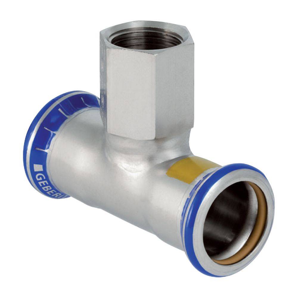 Geberit Mapress Edelstahl T-Stück mit Innengewinde, Gas, D 22mm, Rp 1/2", D1 22mm