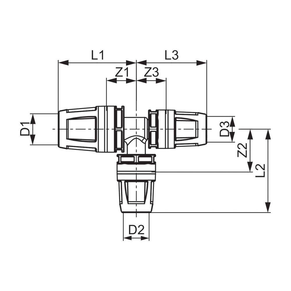 Tece logo-Push T-Stück reduziert Dimension 40x32x32mm, PPSU