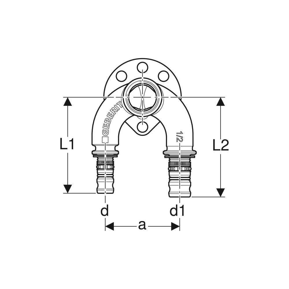 Geberit Mepla Doppelanschlusswinkel 90 Grad, D 20mm, Rp 1/2", D1 L1 6,7cm, Rotguss bleifrei