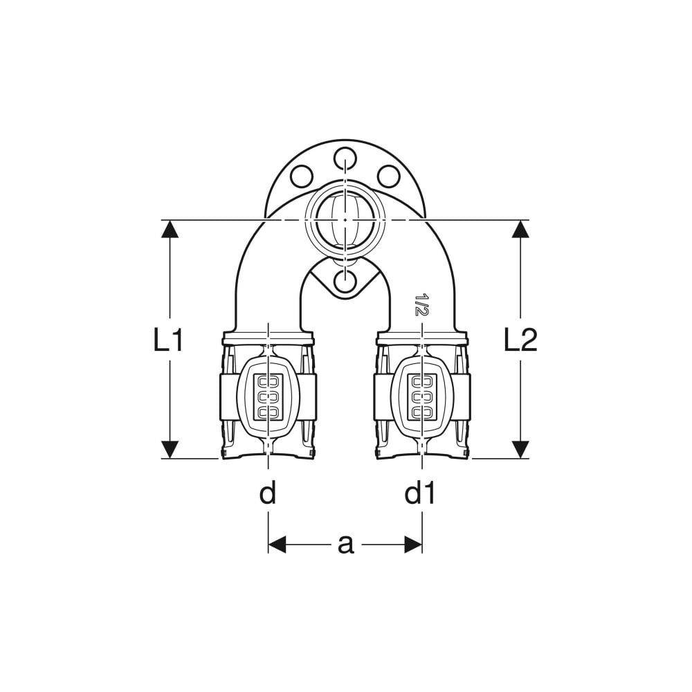 Geberit GE FlowFit Doppelanschlusswinkel, IG RG+, d20, Rp1/2, d16mm, L 5,2 cm, 1 Stk.