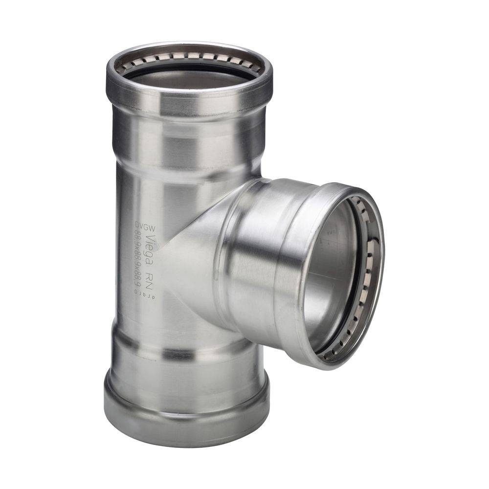Viega Sanpress Inox XL-T-Stück mit SC-Contur Stahl nichtrostend, Modell 2318XL VdS-Zulassung d1: 88,9 d2: 88,9 d3: 88,9,