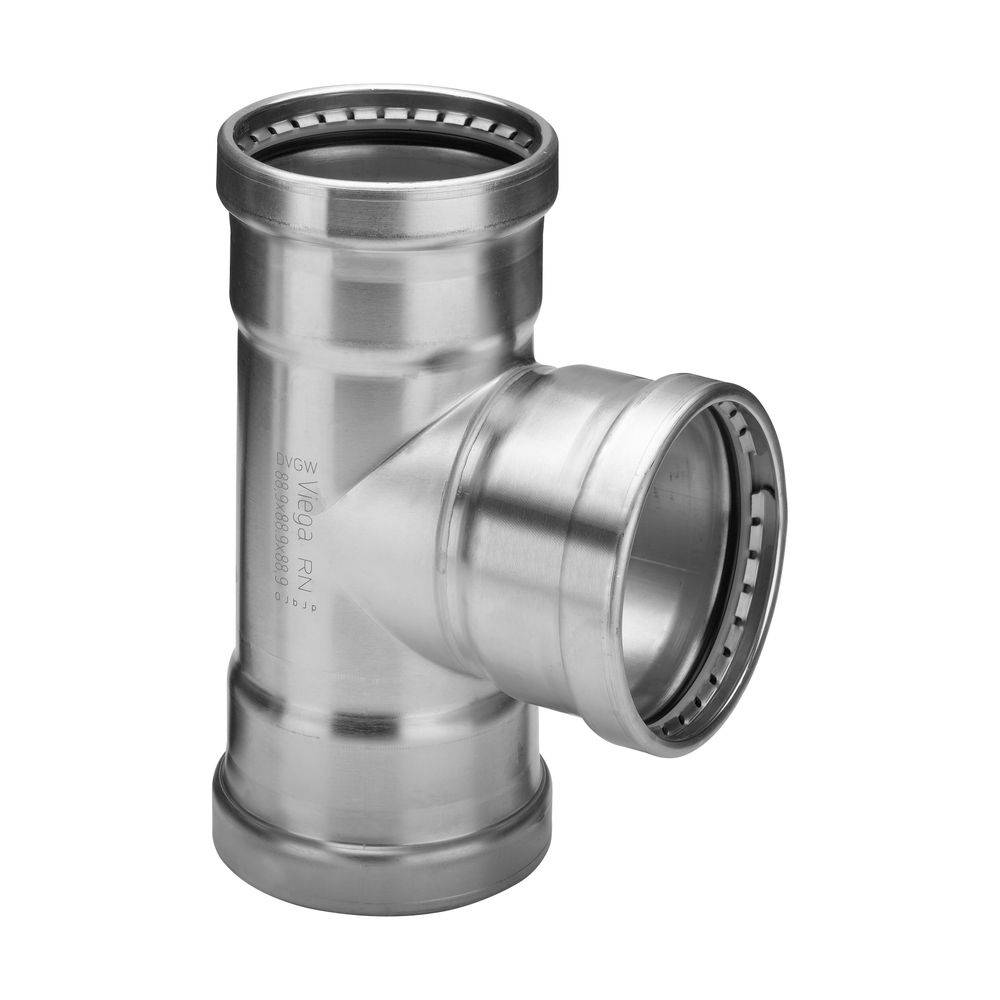 Viega Sanpress Inox XL-T-Stück mit SC-Contur Stahl nichtrostend, Modell 2318XL VdS-Zulassung d1: 88,9 d2: 88,9 d3: 88,9,