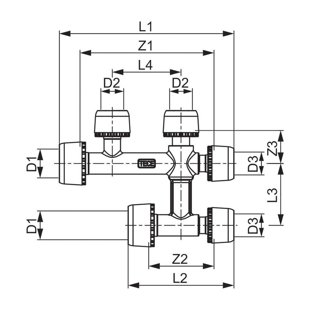 TECE TECElogo-Ax Kreuzungsfitting Dimension 20 x 16 x 20, Standard Messing