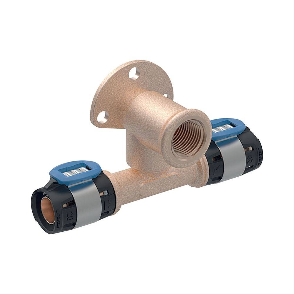 Geberit FlowFit T-Anschlusswinkel 90 Grad abgesetzt, D 20mm, Rp 1/2", D1 Länge 3,6cm, Rotguss bleifrei