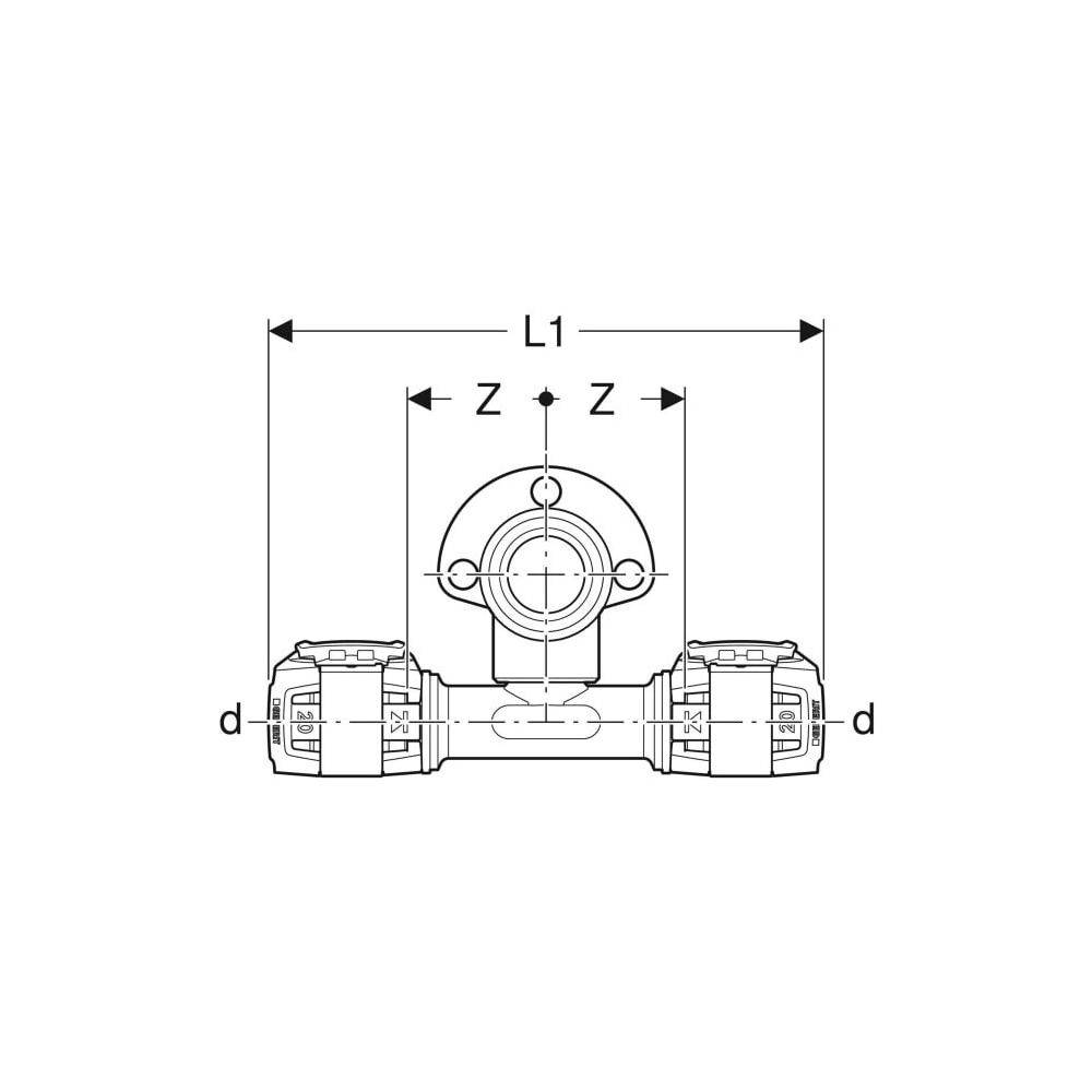 Geberit FlowFit T-Anschlusswinkel 90 Grad abgesetzt, D 20mm, Rp 1/2", D1 Länge 3,6cm, Rotguss bleifrei