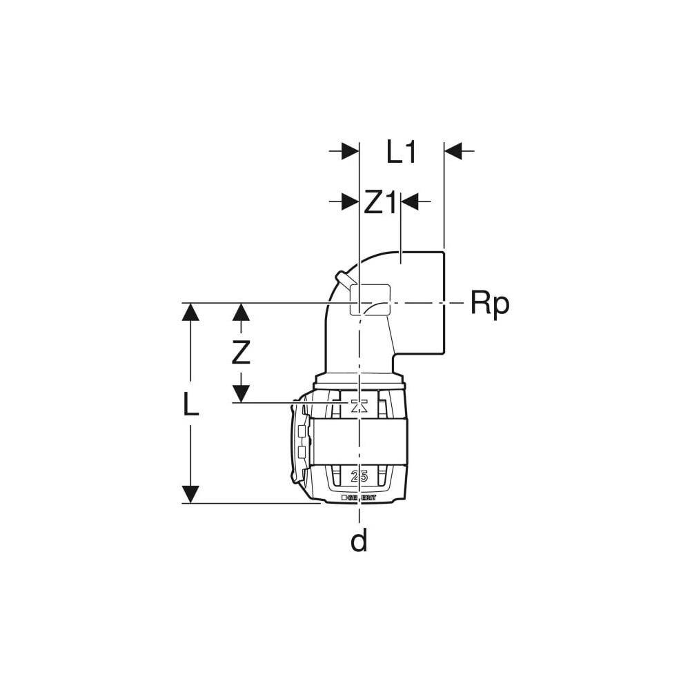 Geberit FlowFit Übergangsbogen 90 Grad mit Innengewinde, D 63mm, Rp 2", Rotguss bleifrei