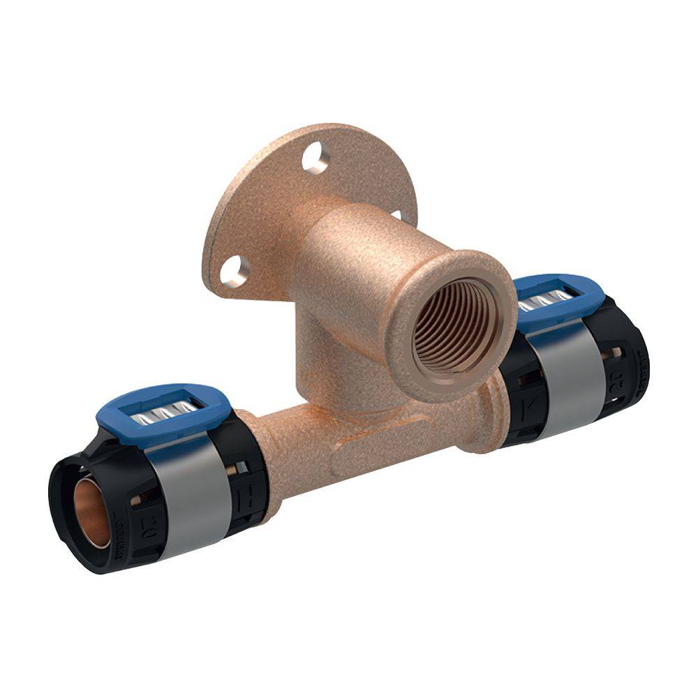 Geberit FlowFit T-Anschlusswinkel 90 Grad abgesetzt, D 20mm, Rp 1/2", D1 Länge 3,6cm, Rotguss bleifrei