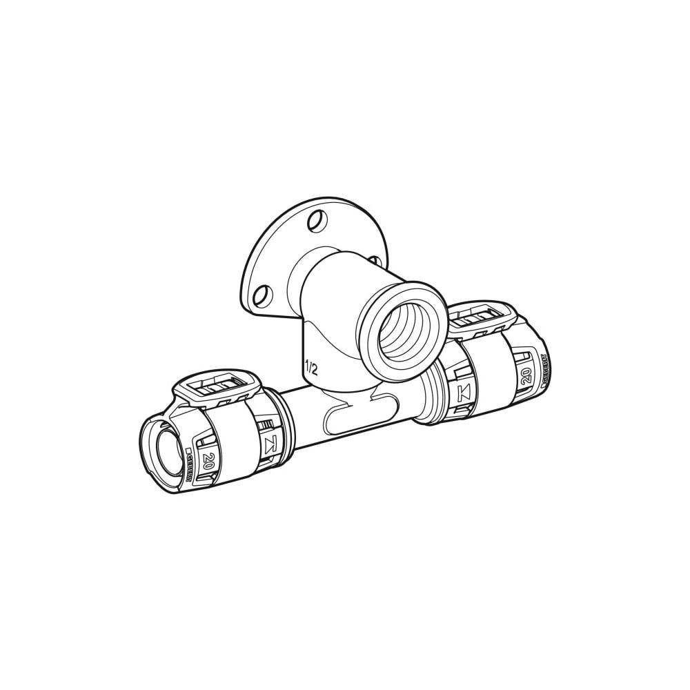 Geberit FlowFit T-Anschlusswinkel 90 Grad abgesetzt, D 20mm, Rp 1/2", D1 Länge 3,6cm, Rotguss bleifrei