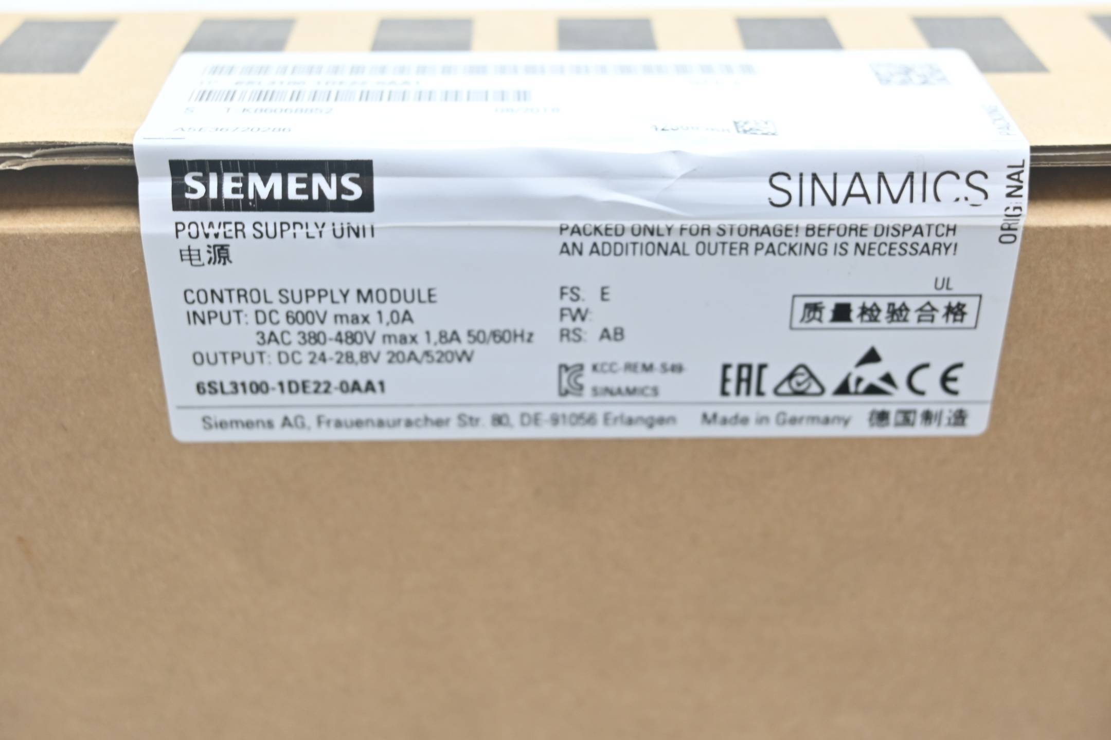 Siemens Sinamics Control Supply Modul 6SL3100-1DE22-0AA1 / 6SL3 100-1DE22-0AA1