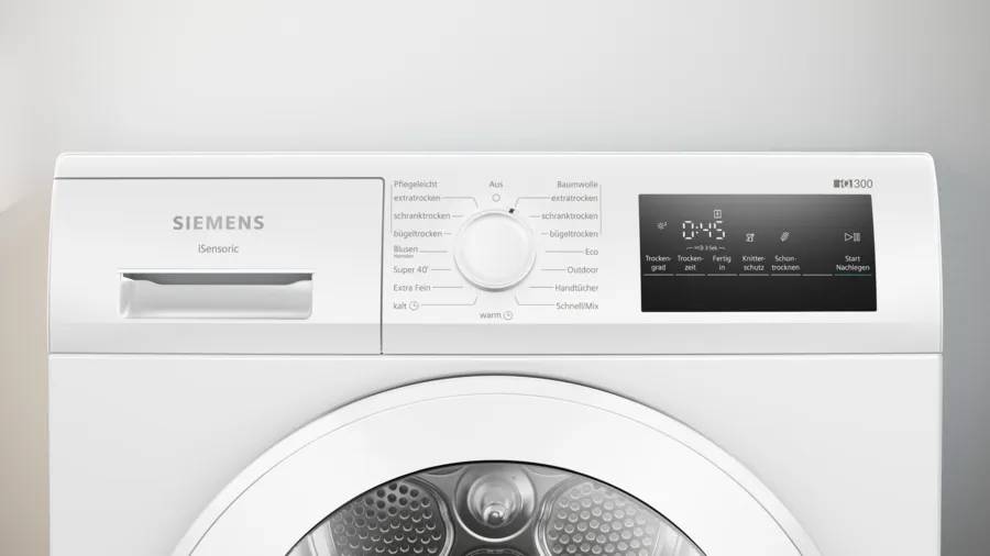 Siemens iQ300 WT45HVA4, Freistehend, Frontlader, Kondensation, Weiß, Drehregler, Berührung, Rechts