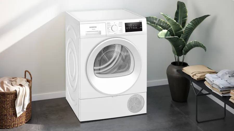 Siemens iQ300 WT45HVA4, Freistehend, Frontlader, Kondensation, Weiß, Drehregler, Berührung, Rechts