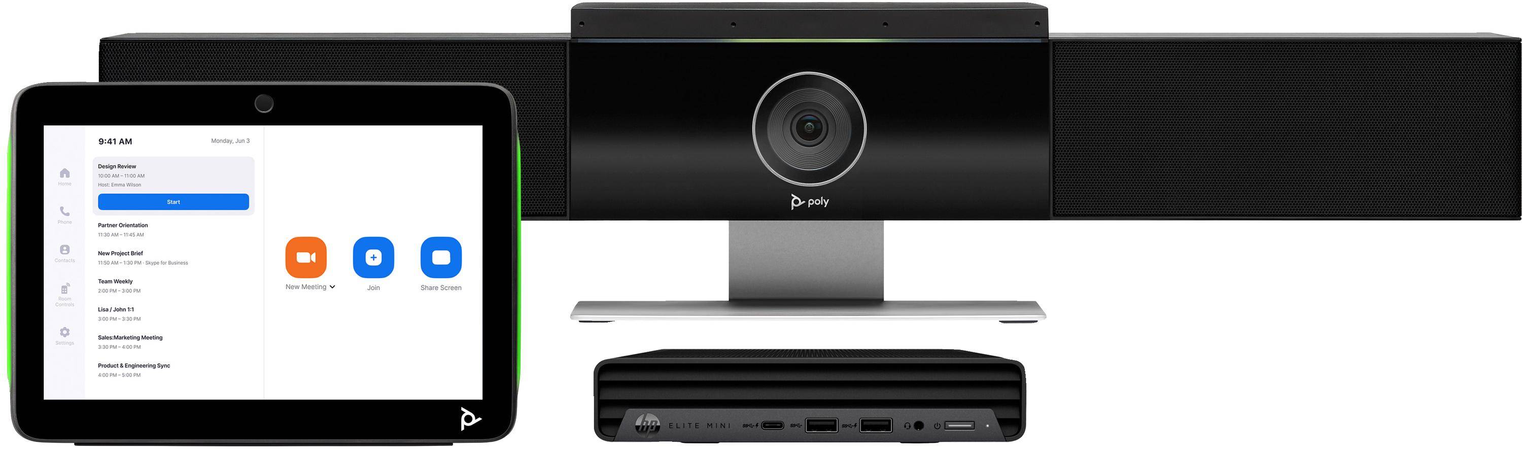 Studio Zoom-Rooms-Bundle für mittelgroße Räume: Studio-USB-Videobar und HP PC mit TC10