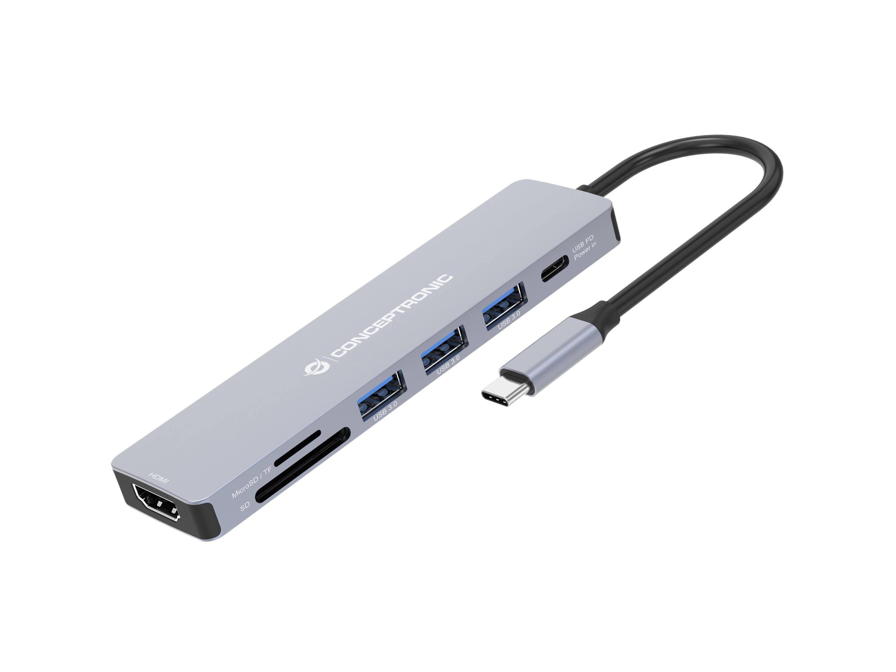 Conceptronic DONN19G 7-in-1 USB 3.2 Gen 1 Dockingstation - HDMI - USB-A 3.0 x 3 - SD - TF/MicroSD - 100W USB PD - Kabelgebunden - USB 3.2 Gen