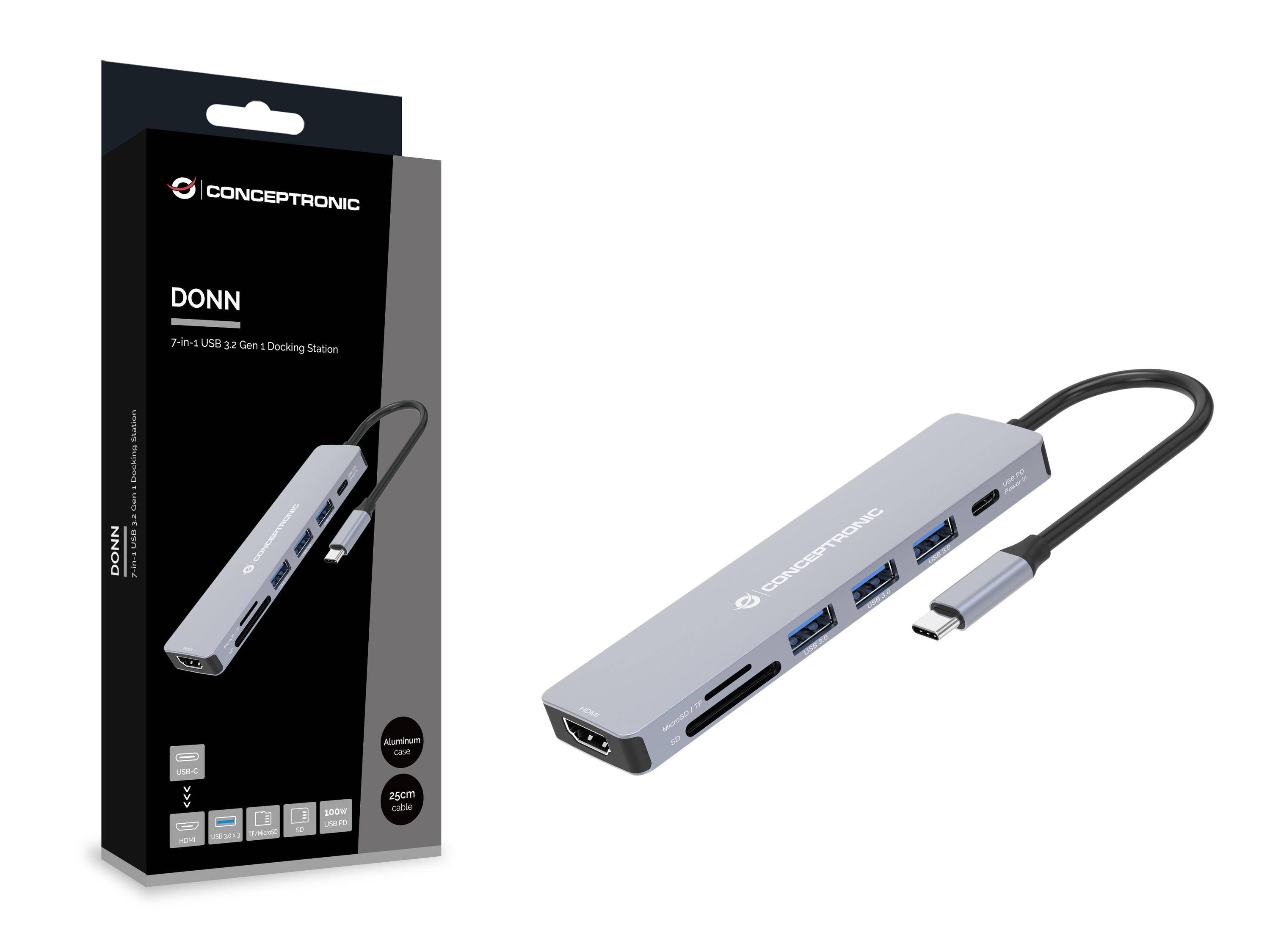 Conceptronic DONN19G 7-in-1 USB 3.2 Gen 1 Dockingstation - HDMI - USB-A 3.0 x 3 - SD - TF/MicroSD - 100W USB PD - Kabelgebunden - USB 3.2 Gen