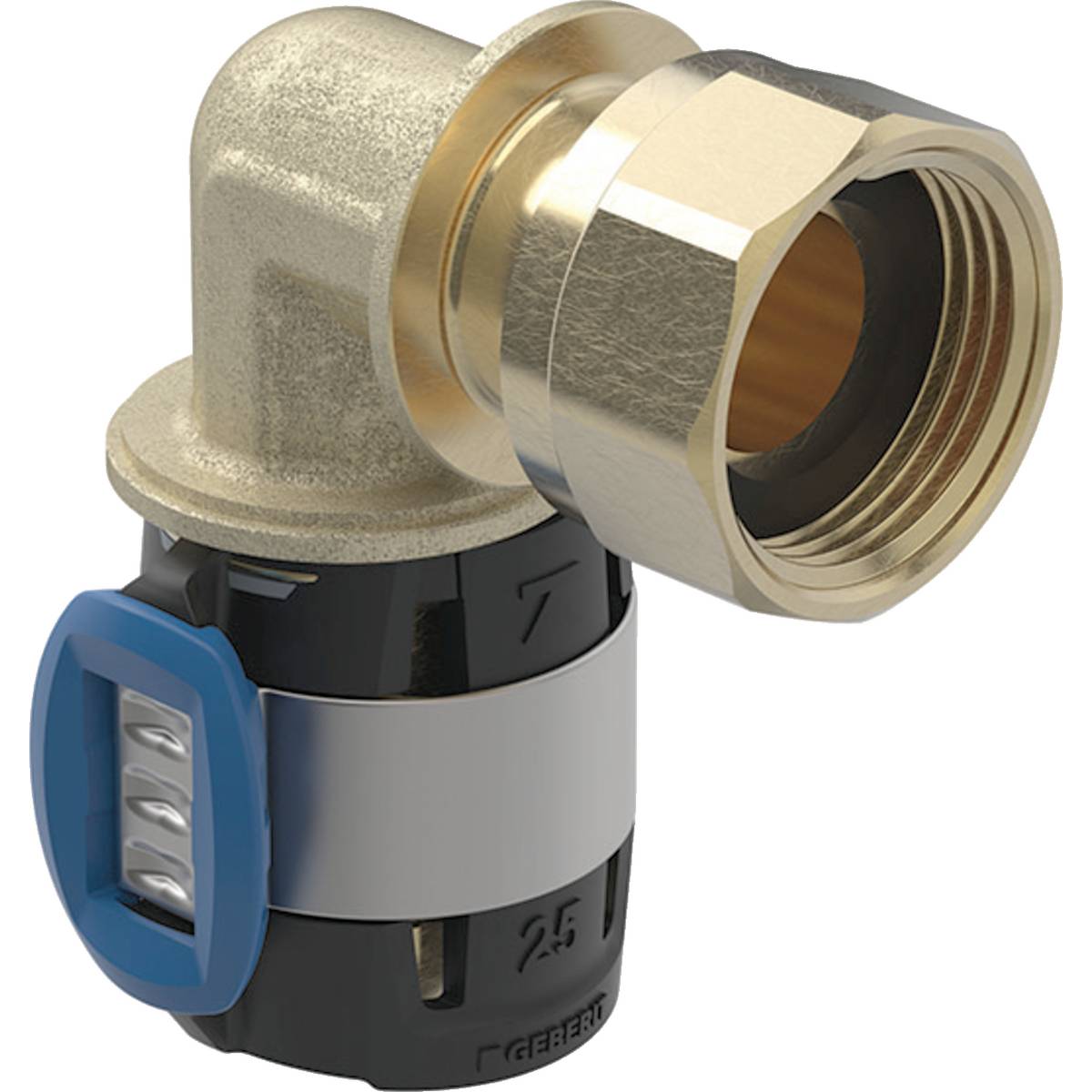 Geberit FlowFit Übergangsbogen 90 Grad mit Überwurfmutter bleifreie Siliziumbronze, D 25mm, ID 20mm, G 1"