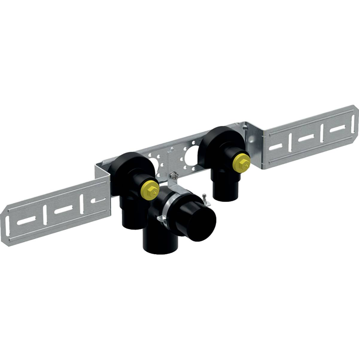 Geberit FlowFit Anschlusswinkel 90 Grad vormontiert, zweifach, abgesetzt, Ablaufrohrschelle D 20mm, Rp 1/2", L1 5,2cm,
