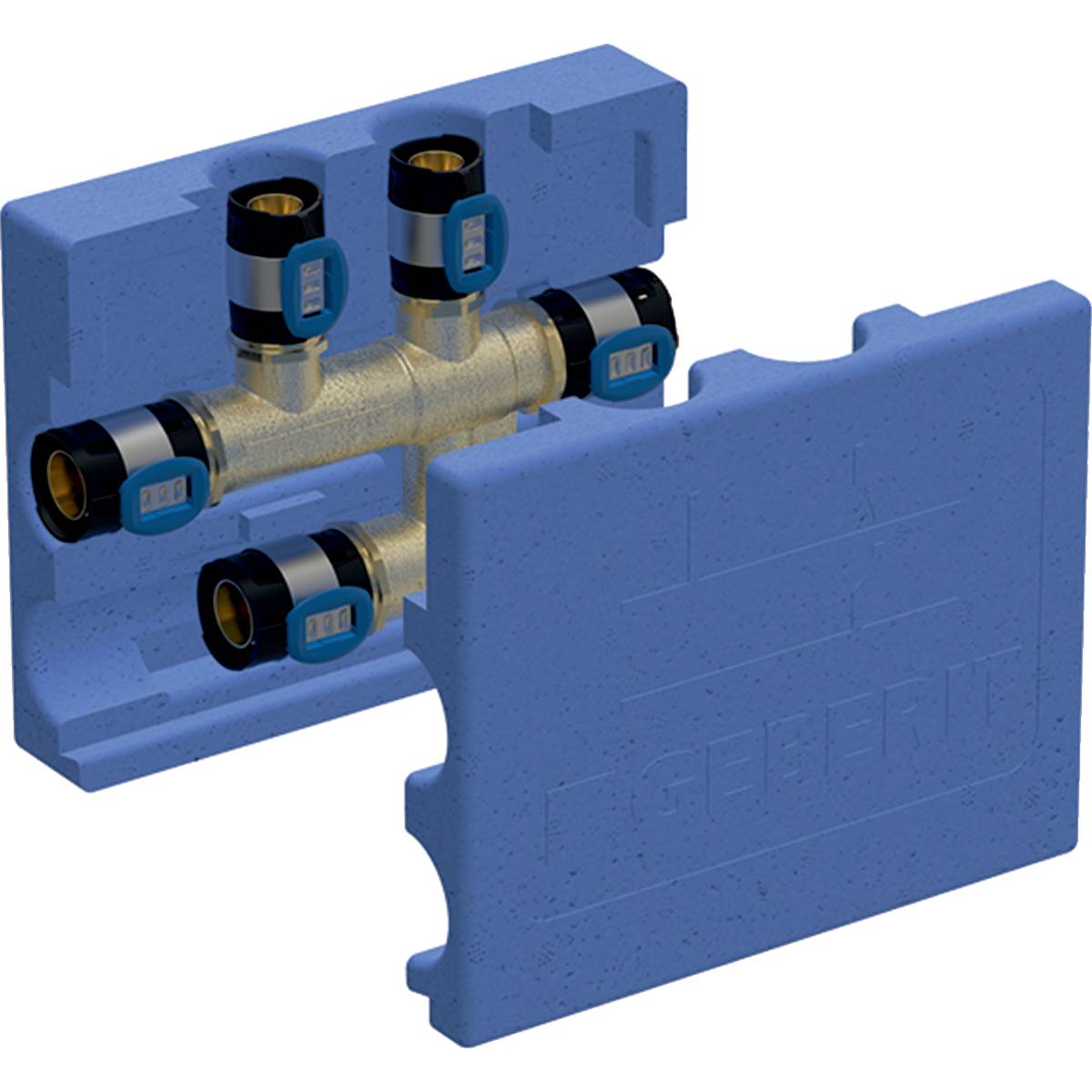 Geberit GE FlowFit, Kreuzungs-T-Stück, SiBr, d16 x 16 x 16 mm, mit Dämmbox, 1 Stk.