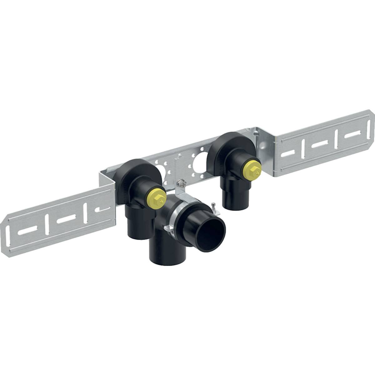Geberit FlowFit Anschlusswinkel 90 Grad vormontiert, zweifach, abgesetzt, Ablaufrohrschelle D 16mm, Rp 1/2", L1 5,2cm,