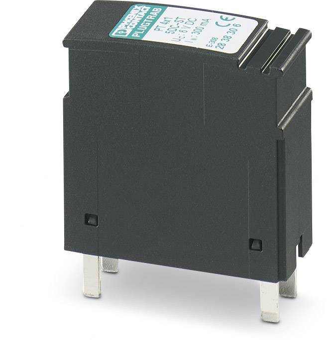 Schwarzes, rechteckiges elektronisches Bauteil mit zwei Metallpins unten, auf denen ein kleines Etikett mit technischen Spezifikationen angebracht ist.