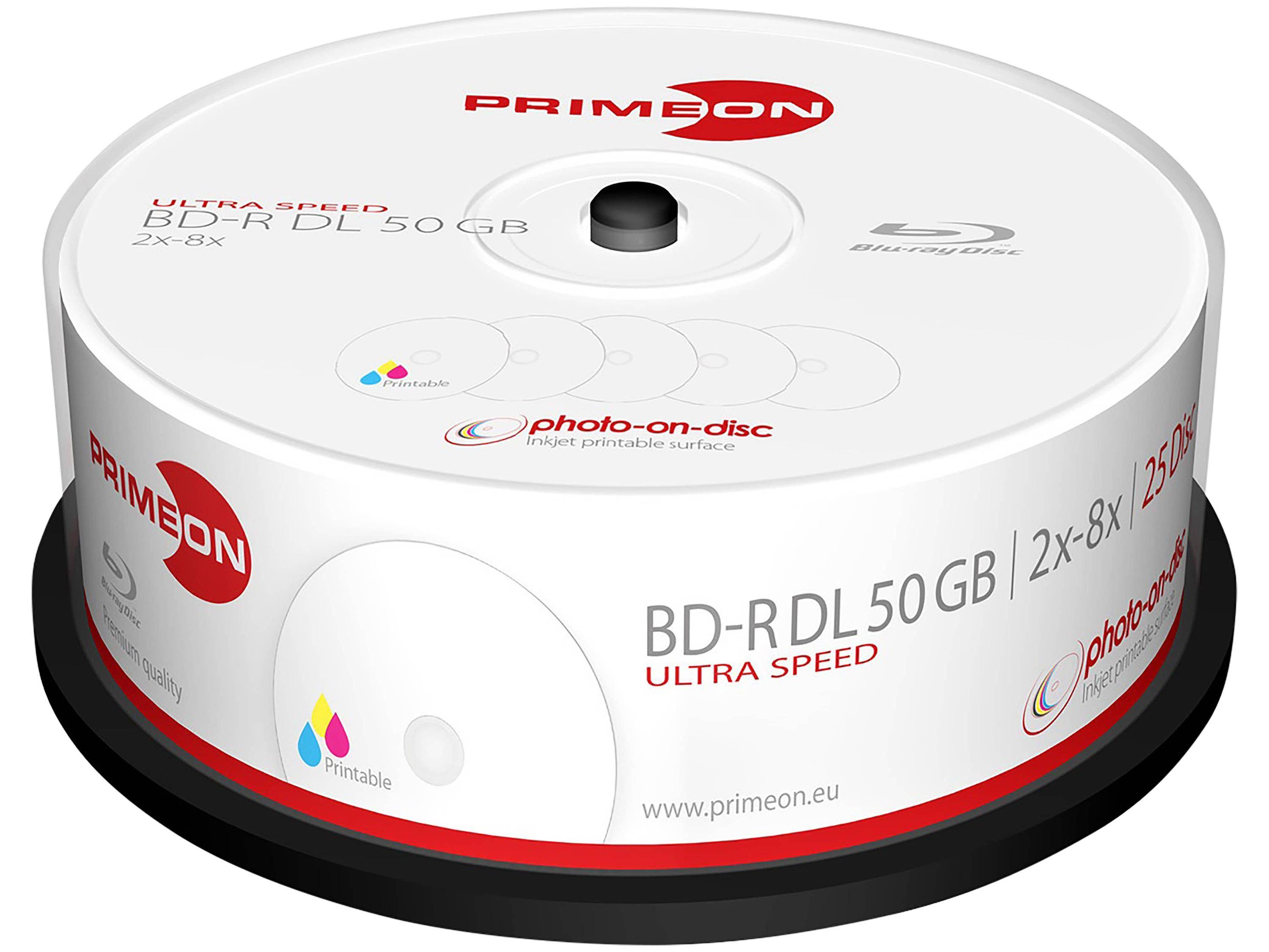 PRIMEON BD-Rohling BD-R DL 50GB 2-8x Cakebox 25 Stück printable
