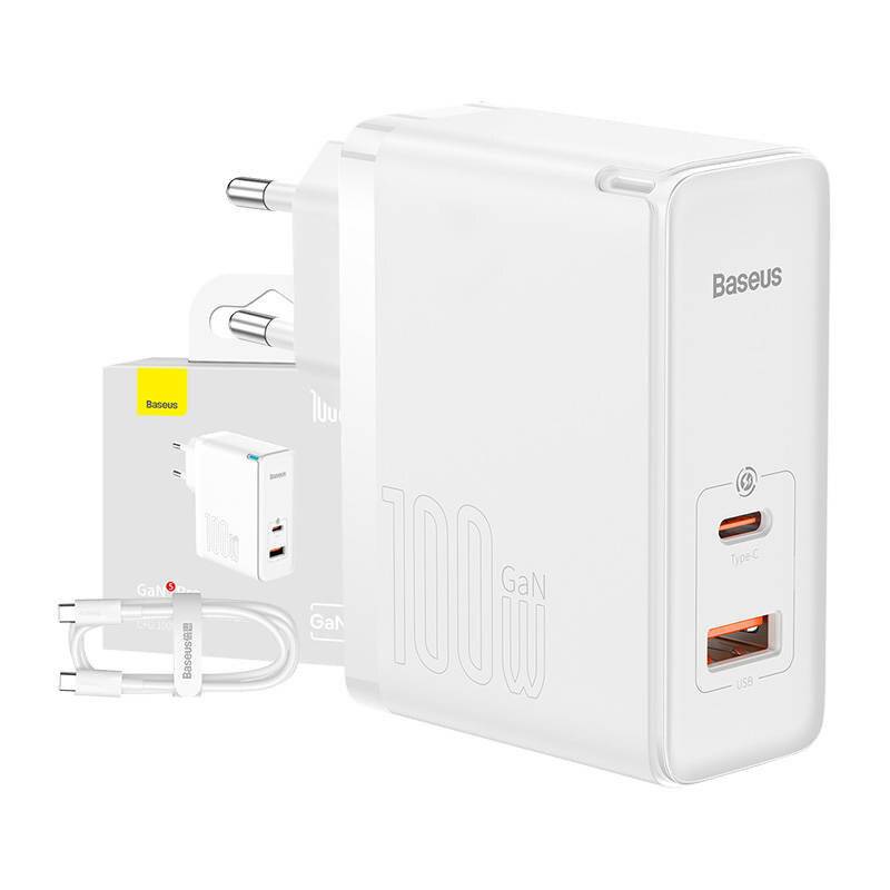 Wandladegerät Baseus GaN5 Pro USB-C + USB, 100W + 1m Kabel (weiß)