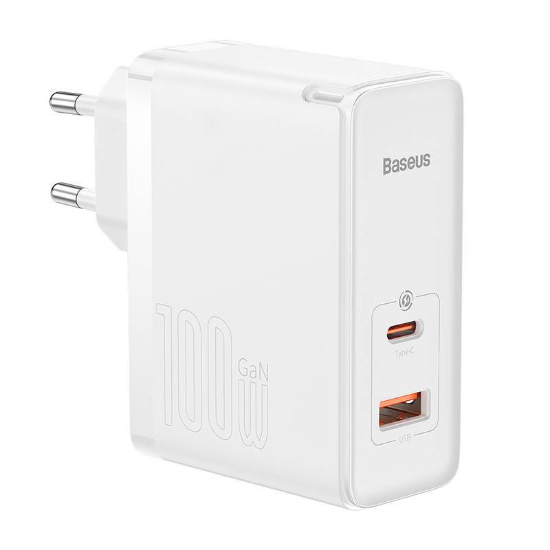 Wandladegerät Baseus GaN5 Pro USB-C + USB, 100W + 1m Kabel (weiß)