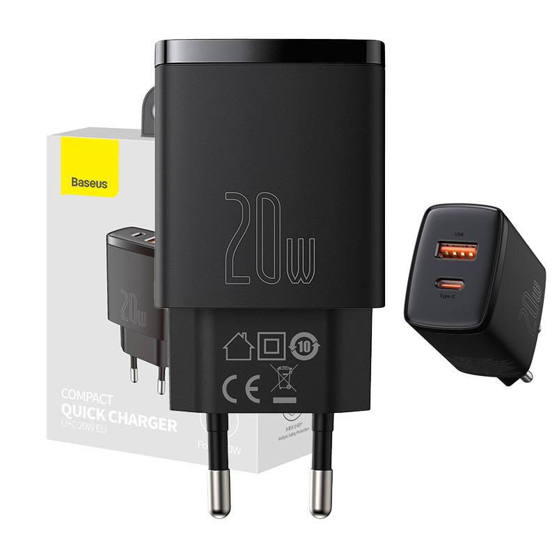 Compact Quick Charger 20W USB A and C Black