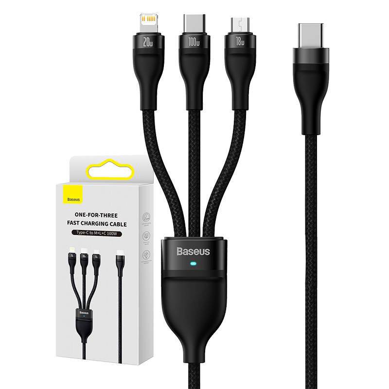 3in1 USB-Kabel Baseus Flash Series 2, USB-C + micro USB + Lightning, 100W, 1,5m (schwarz)