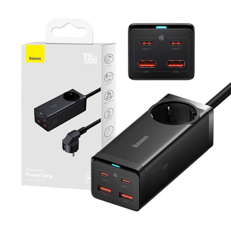Baseus GaN3 Pro Wandladegerät / Powerstrip 2xUSB + 2xUSB-C + AC, 100W (schwarz)