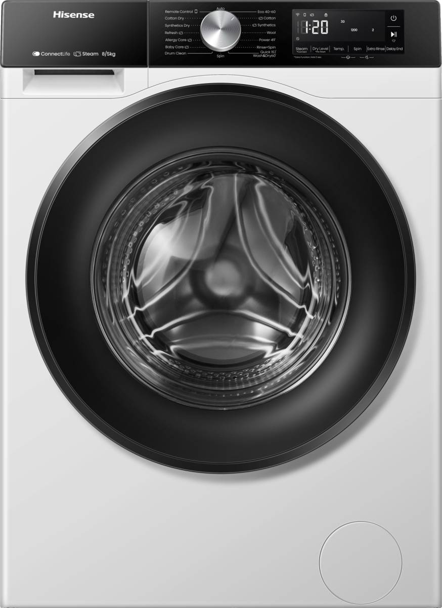 Hisense Waschtrockner - WD3S8043BW3 BK070, Frontlader, Freistehend, Weiß, Links, Grau, Tasten, Drehregler