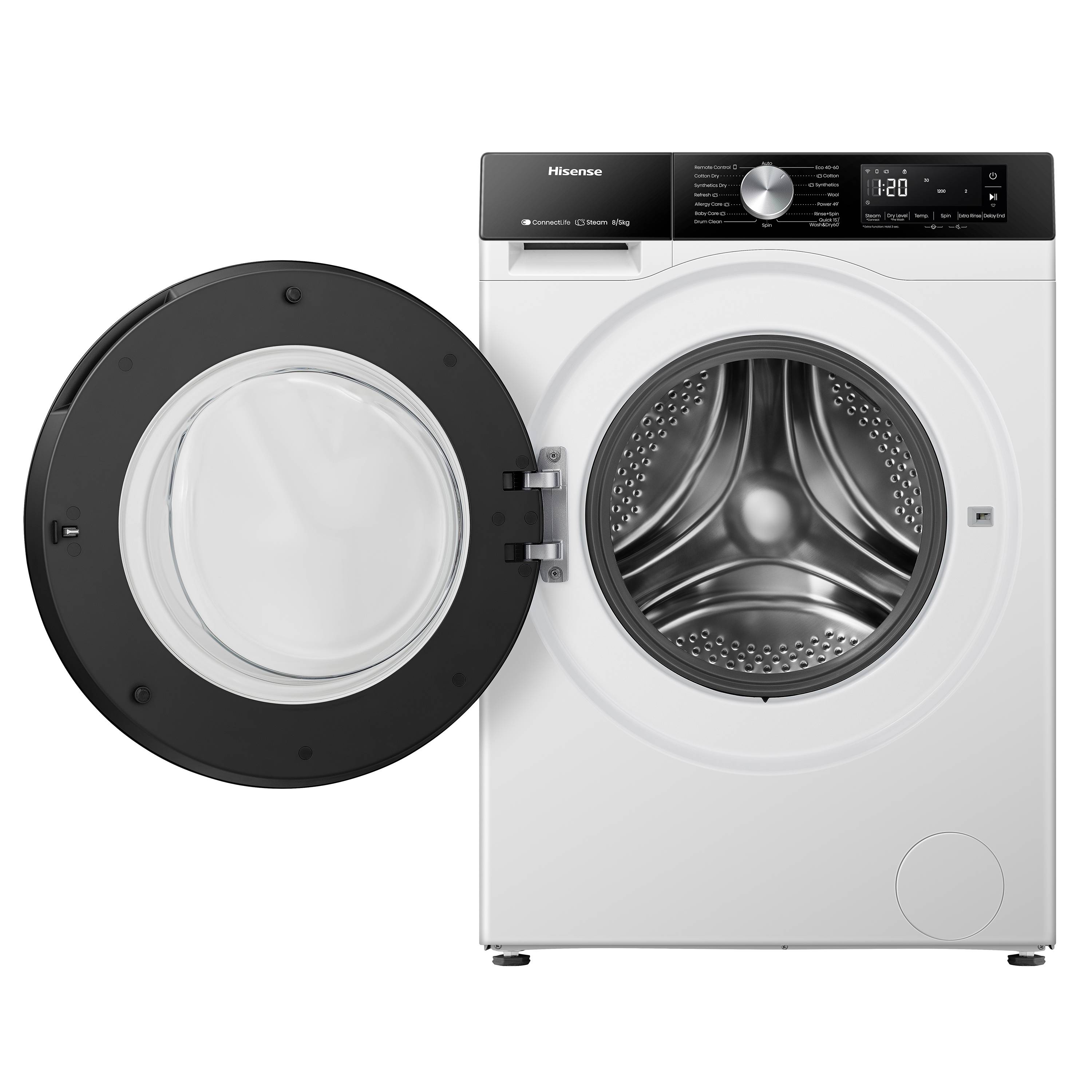 Hisense Waschtrockner - WD3S8043BW3 BK070, Frontlader, Freistehend, Weiß, Links, Grau, Tasten, Drehregler