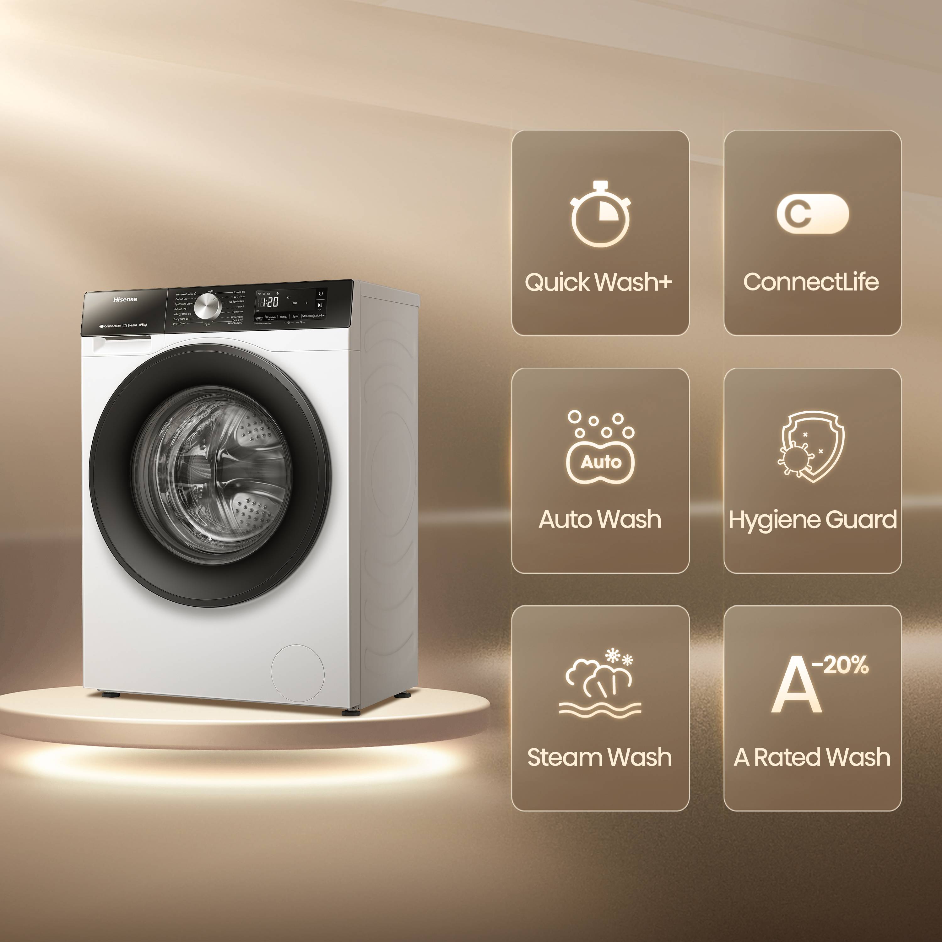 Hisense Waschtrockner - WD3S8043BW3 BK070, Frontlader, Freistehend, Weiß, Links, Grau, Tasten, Drehregler