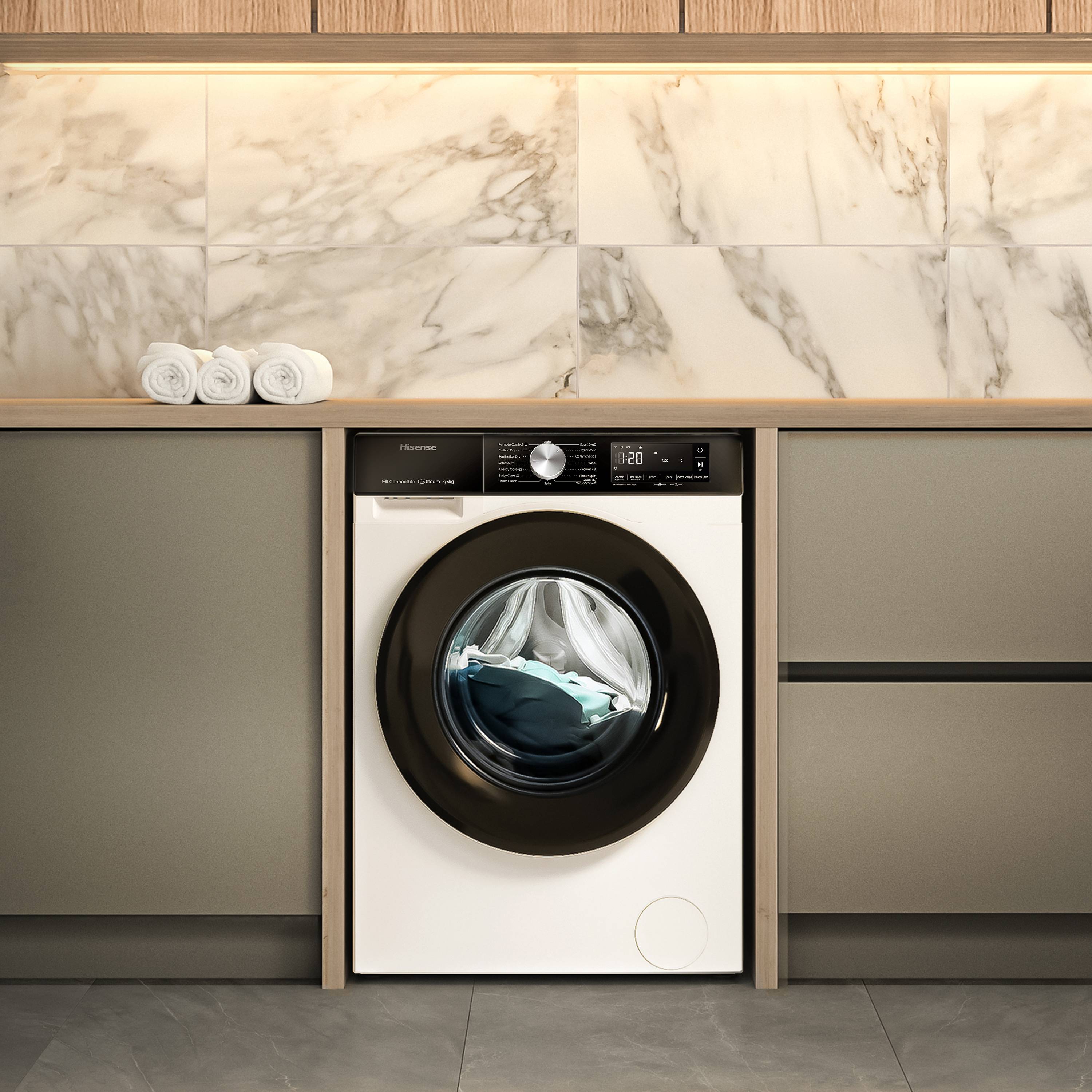 Hisense Waschtrockner - WD3S8043BW3 BK070, Frontlader, Freistehend, Weiß, Links, Grau, Tasten, Drehregler