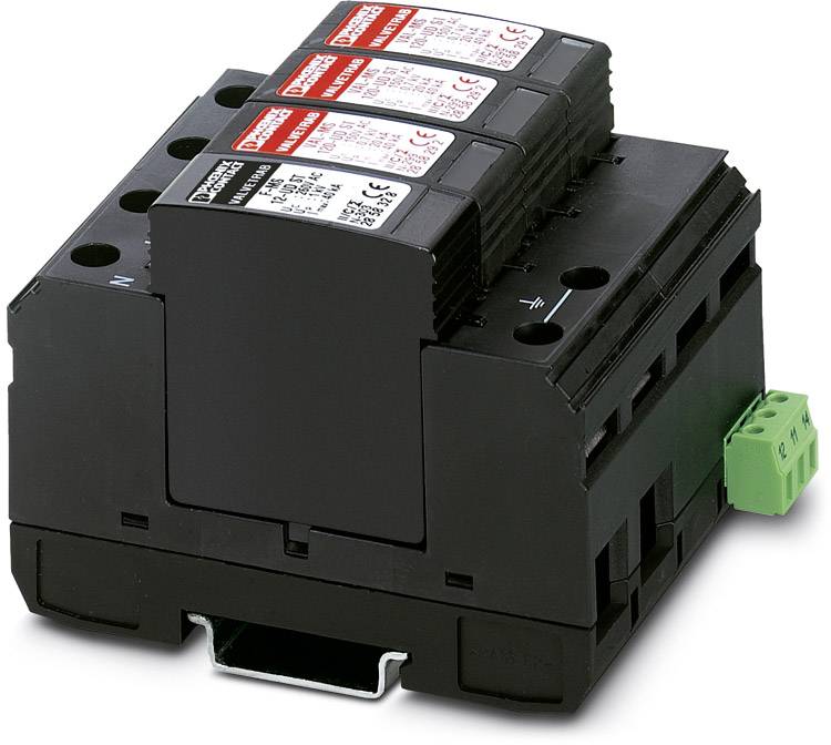 Ein modularer Überspannungsschutz in Schwarz mit grüner Anschlussklemme.