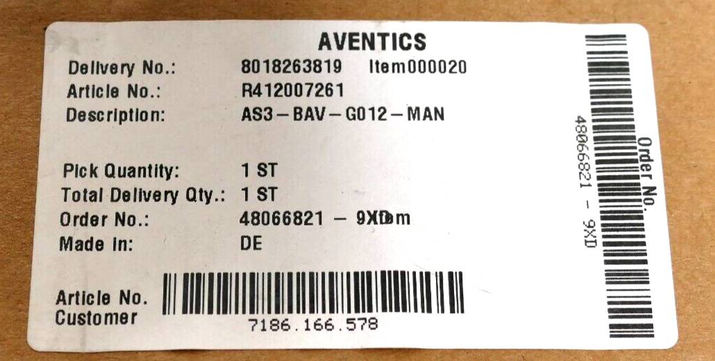 Aventics, 3/2-Absperrventil AS3-BAV-G012-MAN, mechanisch betätigt,SKU: R412007261
