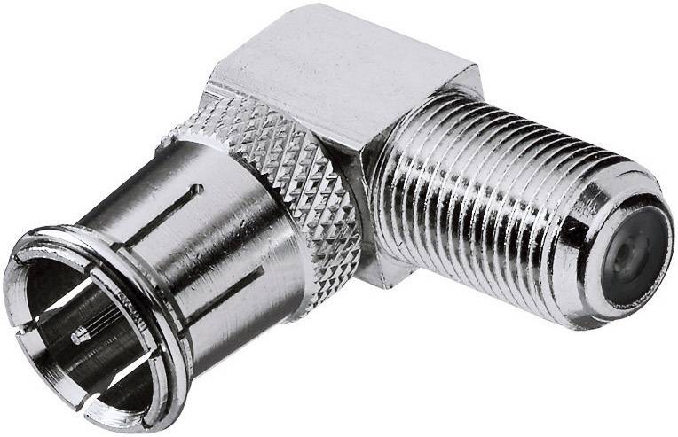 Ein silberner Winkeladapter für Koaxialkabel mit F-Stecker- und Koaxialbuchse. Geeignet für TV- und Satellitenanschlüsse.