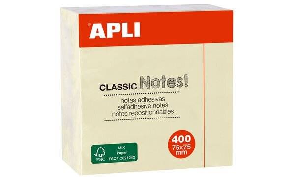 APLI 11597 APLI Haftnotiz-Würfel "CLASSIC Notes!", 75 x 75 mm, gelb