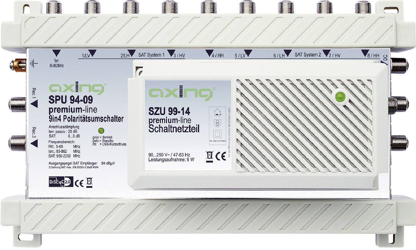 SAT Multischalter Axing SPU 94-09 Eingänge (Multischalter): 9 (8 SAT/1 terrestrisch) Teilnehmer-Anzahl: 4 StandBy-Funktion, Quad-LNB-tauglich