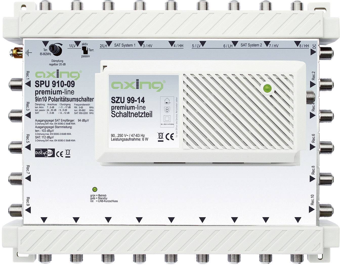 SAT Multischalter Axing SPU 910-09 Eingänge (Multischalter): 9 (8 SAT/1 terrestrisch) Teilnehmer-Anzahl: 10 StandBy-Funktion, Quad-LNB-tauglich