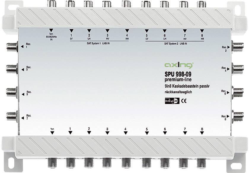 Axing SPU 998-09 SAT Multischalter Kaskade Eingänge (Multischalter): 9 (8 SAT/1 terrestrisch) Teilnehmer-Anzahl: 8