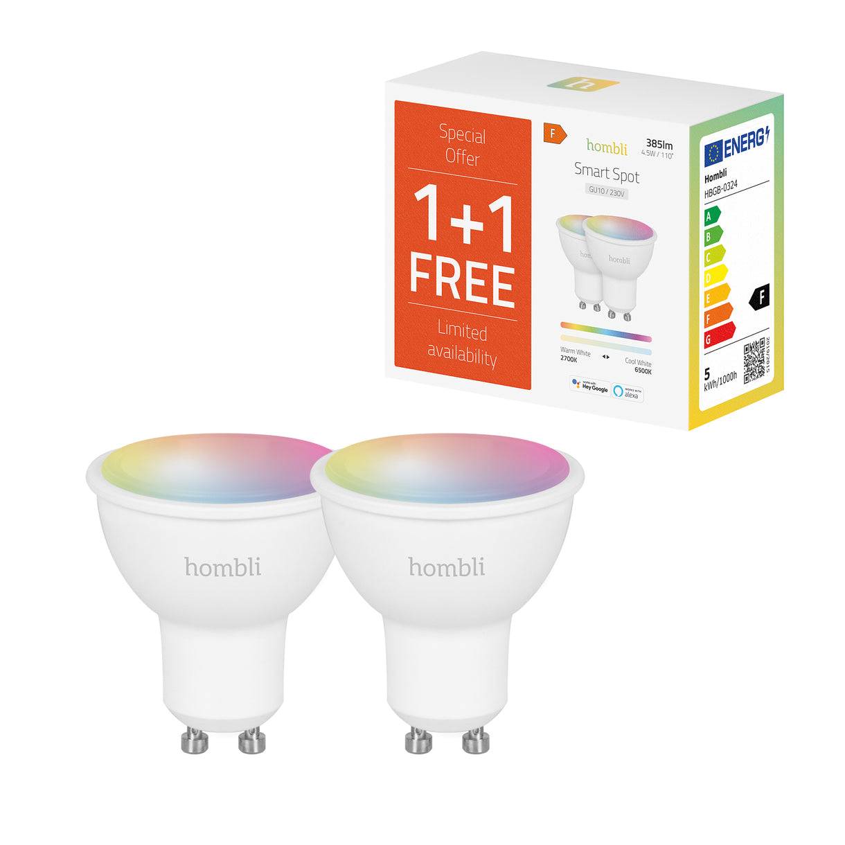 Hombli HBPP-0119, Intelligentes Leuchtmittel, Weiß, GU10, Multi, 2700 K, 6500 K