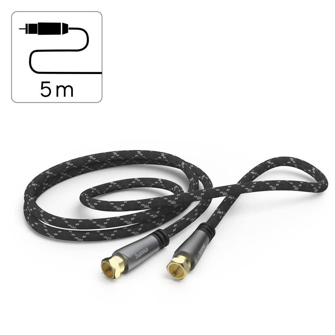 hama 00205079 SAT-Anschlusskabel, F-Stecker - F-Stecker, Metall, vergoldet, 5,0 m, 120 dB