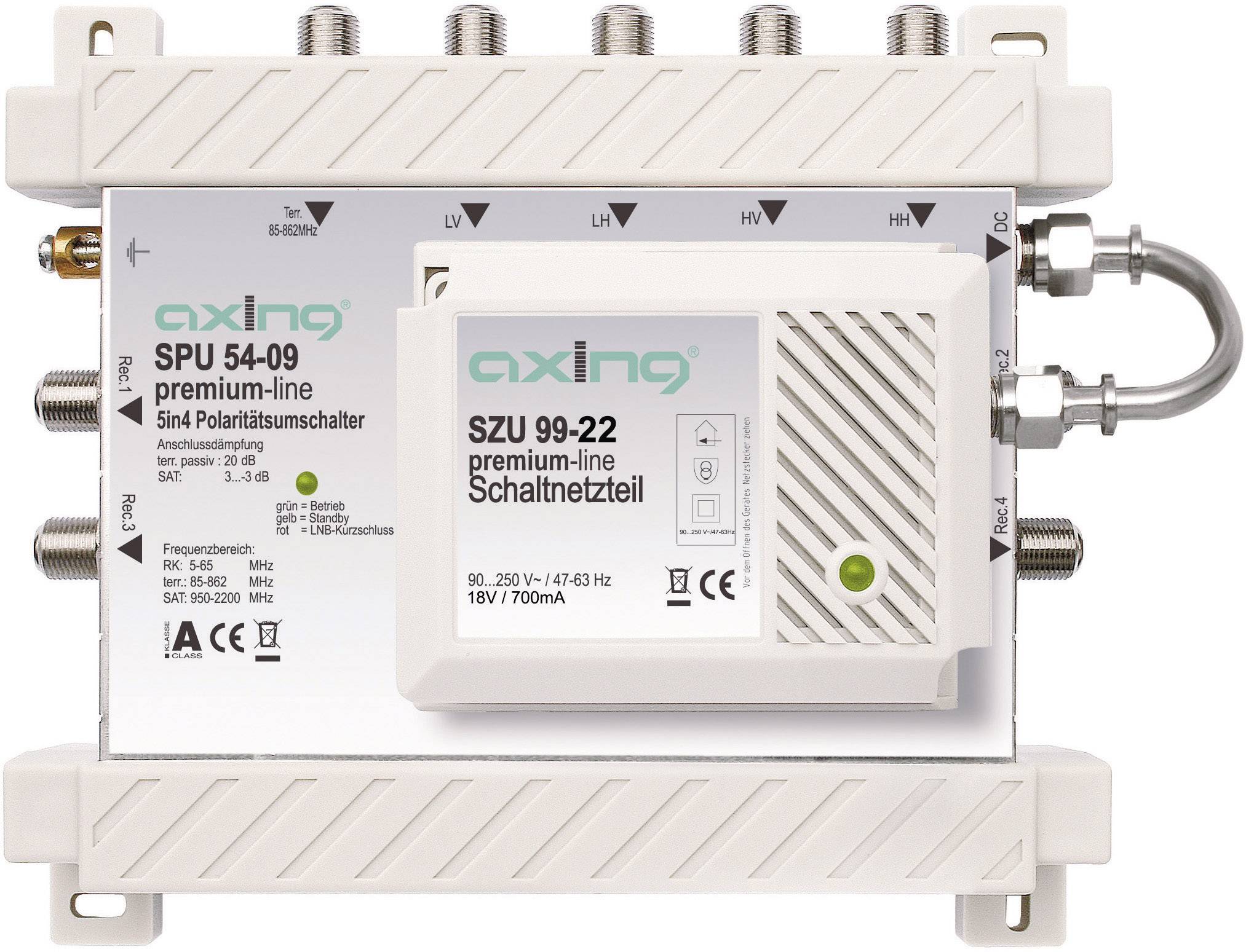 Axing SPU 54-09 SAT Multischalter Eingänge (Multischalter): 5 (4 SAT/1 terrestrisch) Teilnehmer-Anzahl: 4 StandBy-Funktion