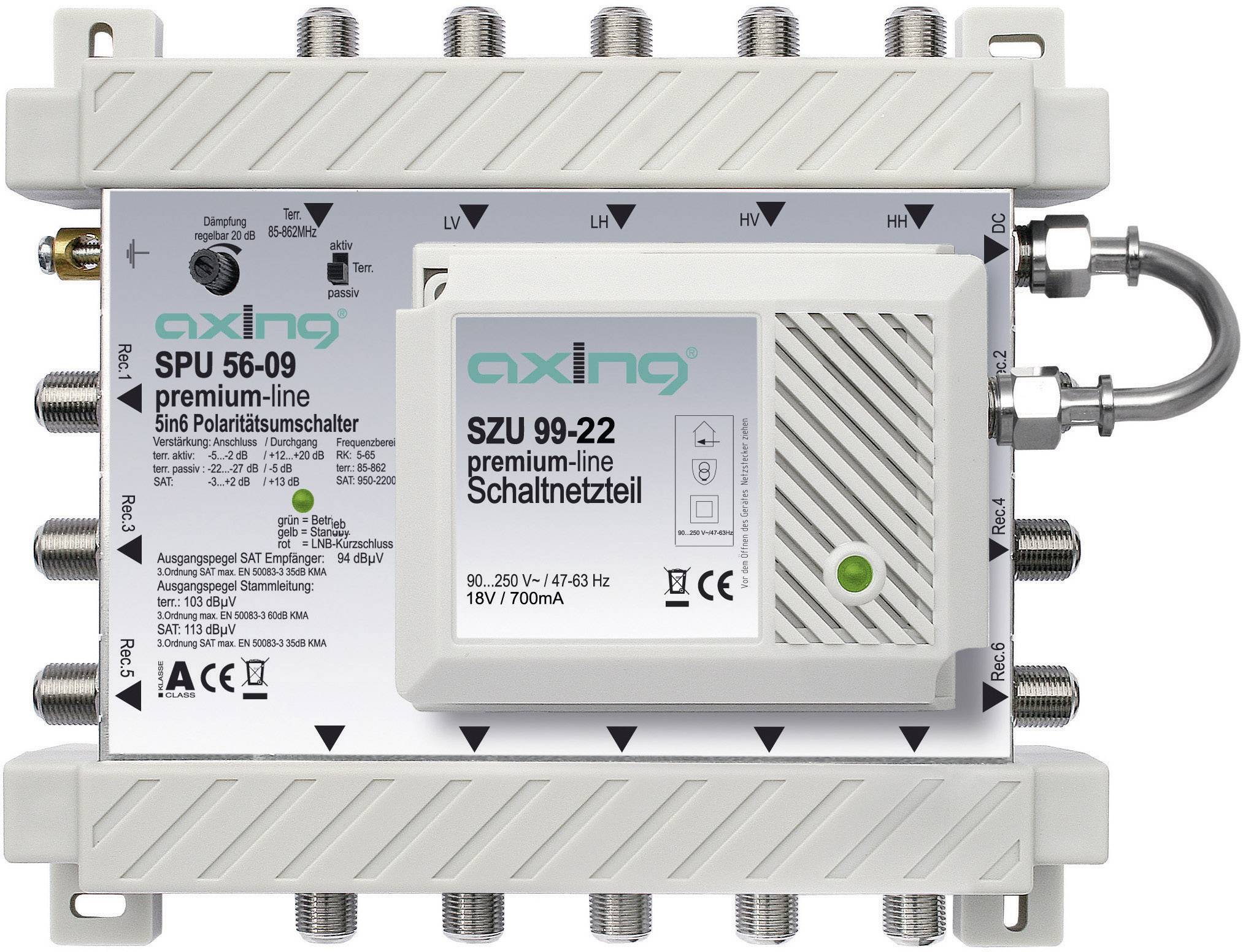 Axing SPU 56-09 SAT Multischalter Eingänge (Multischalter): 5 (4 SAT/1 terrestrisch) Teilnehmer-Anzahl: 6 StandBy-Funktion, Quad-LNB-tauglich