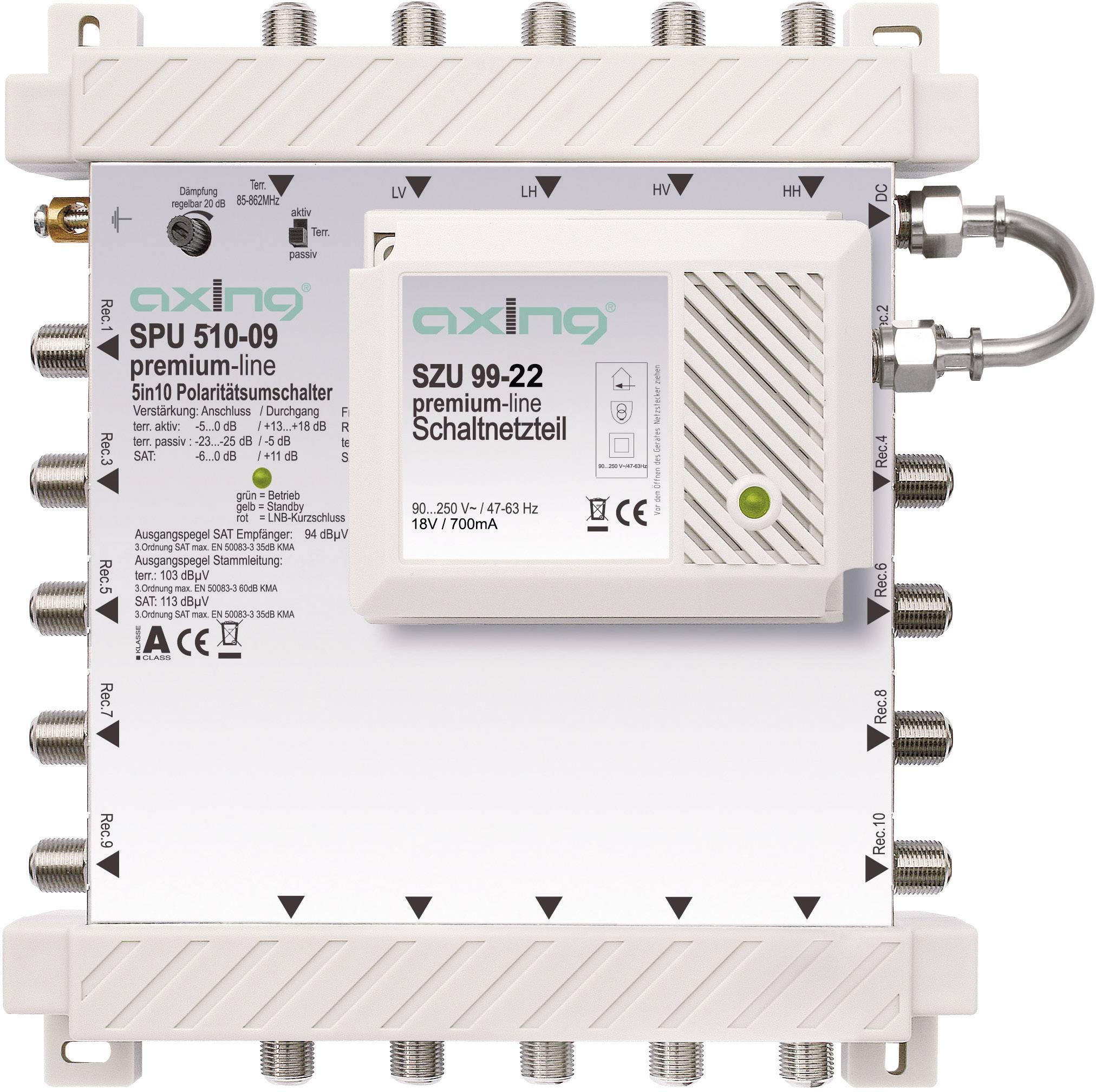 SAT Multischalter Axing SPU 510-09 Eingänge (Multischalter): 5 (4 SAT/1 terrestrisch) Teilnehmer-Anzahl: 10 StandBy-Funktion, Quad-LNB-tauglich