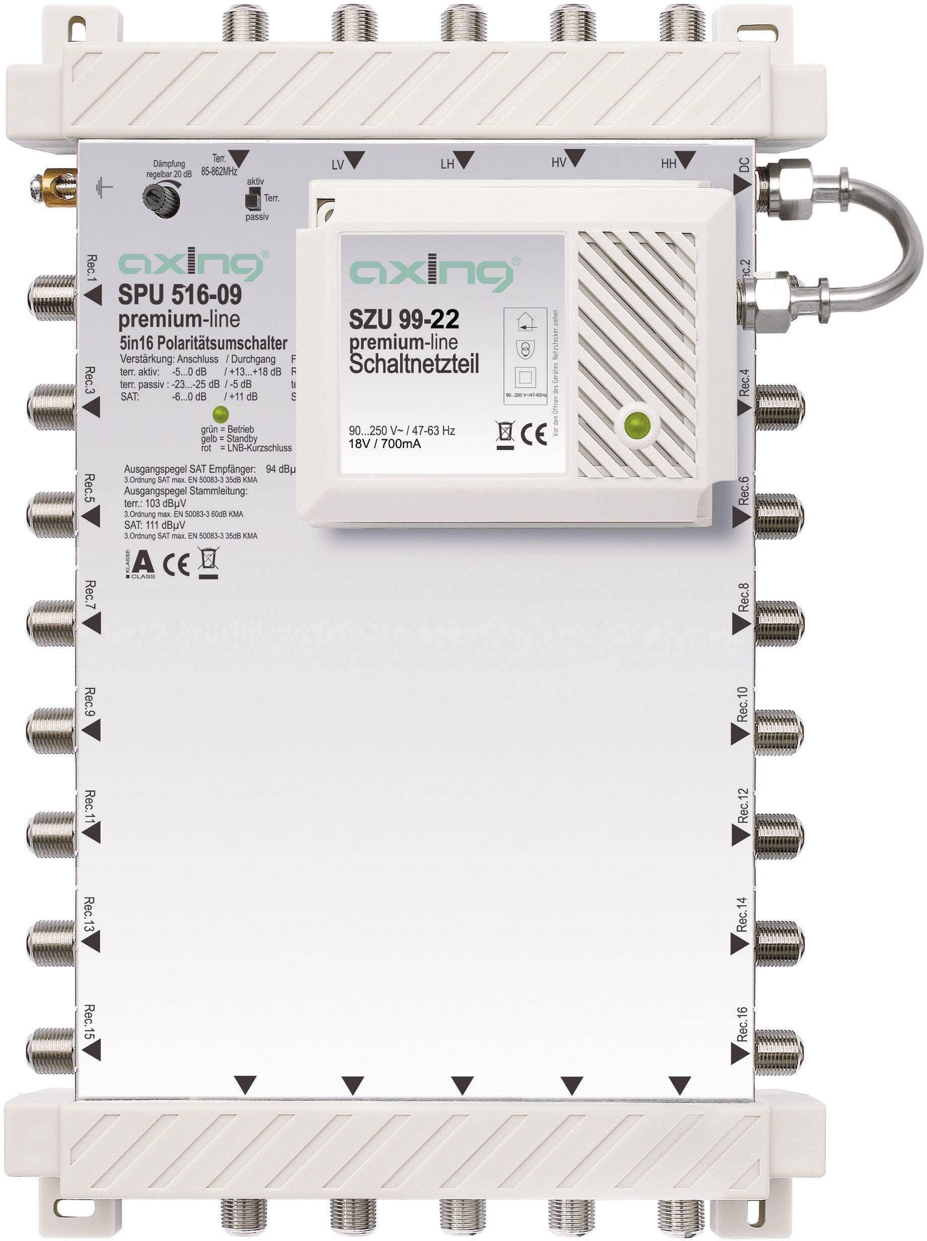 SAT Multischalter Axing SPU 516-09 Eingänge (Multischalter): 5 (4 SAT/1 terrestrisch) Teilnehmer-Anzahl: 16 StandBy-Funktion, Quad-LNB-tauglich
