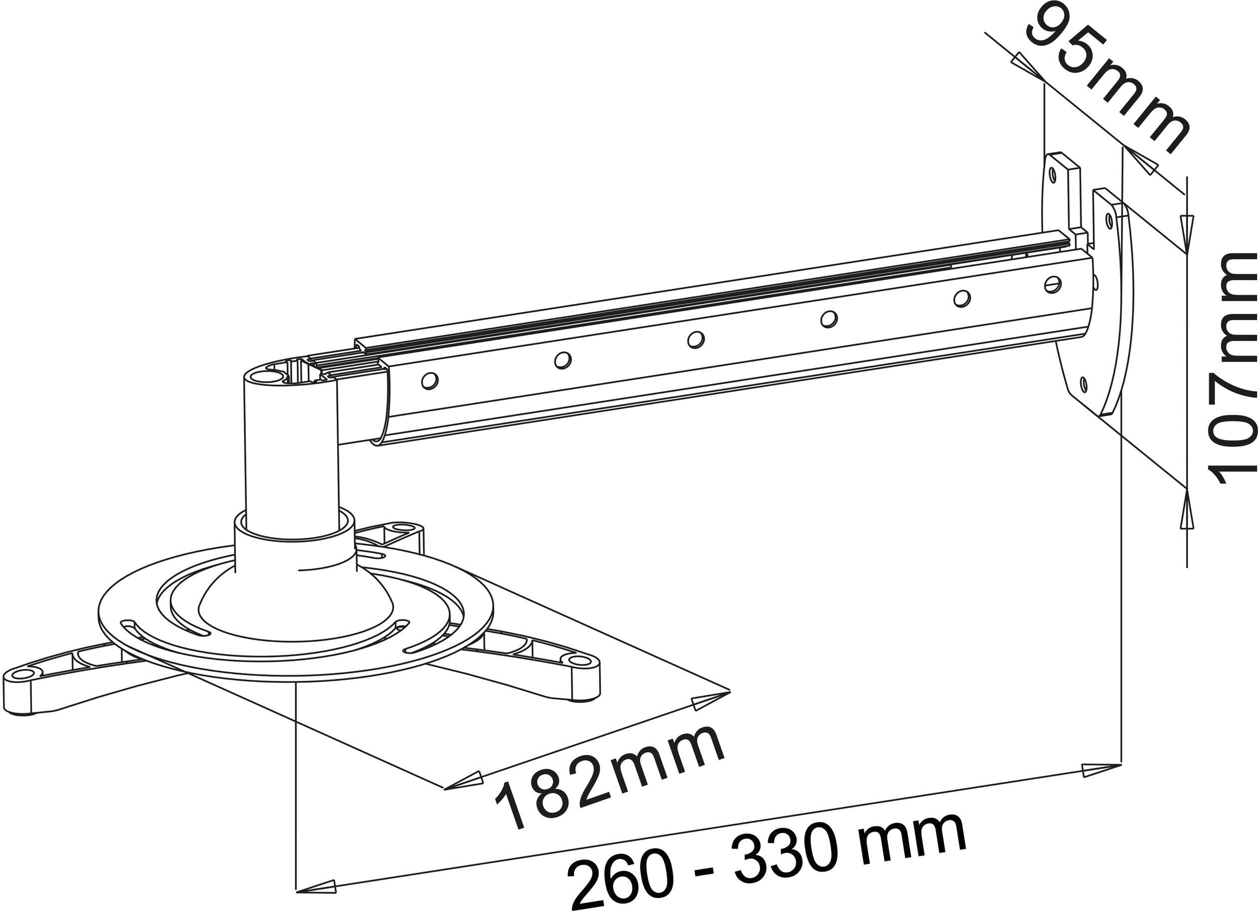 Konstruktionszeichnung einer Wandhalterung. Maße: Länge 260-330 mm, Höhe 107 mm, Breite 95 mm. Arm 182 mm lang.